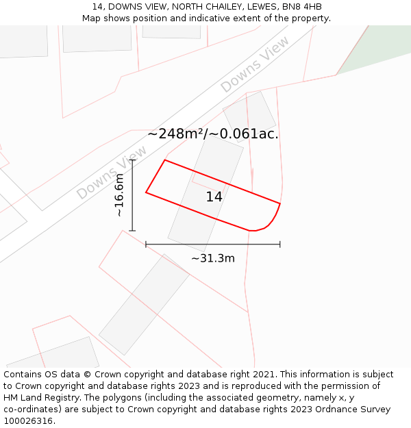 14, DOWNS VIEW, NORTH CHAILEY, LEWES, BN8 4HB: Plot and title map
