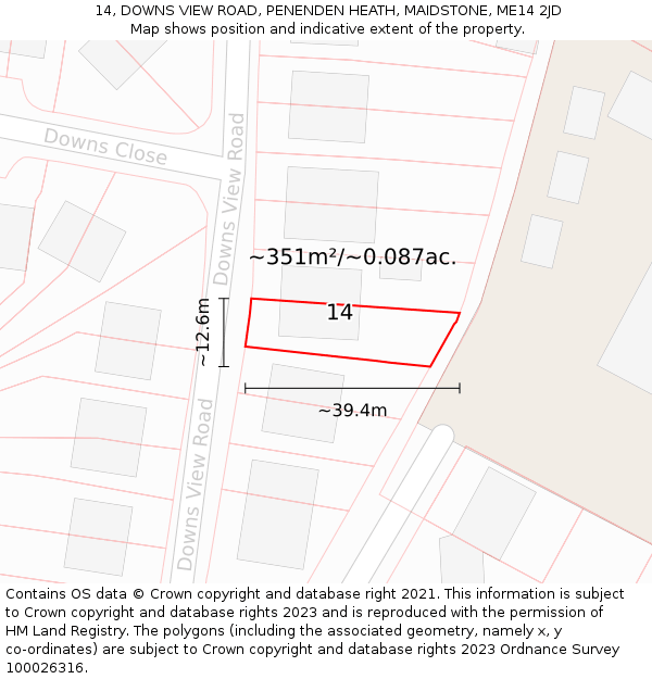 14, DOWNS VIEW ROAD, PENENDEN HEATH, MAIDSTONE, ME14 2JD: Plot and title map