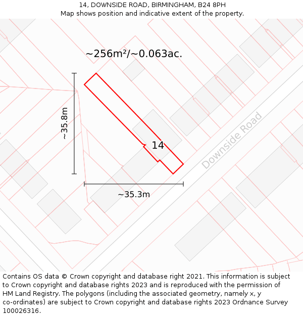 14, DOWNSIDE ROAD, BIRMINGHAM, B24 8PH: Plot and title map