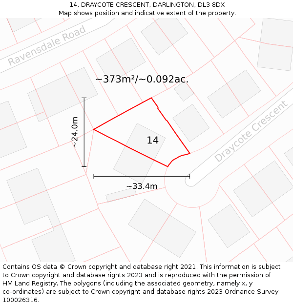 14, DRAYCOTE CRESCENT, DARLINGTON, DL3 8DX: Plot and title map