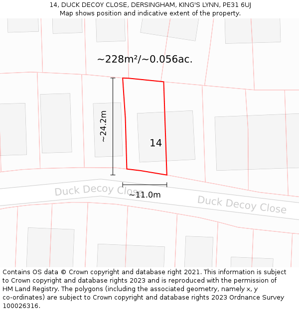 14, DUCK DECOY CLOSE, DERSINGHAM, KING'S LYNN, PE31 6UJ: Plot and title map