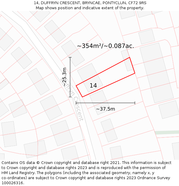 14, DUFFRYN CRESCENT, BRYNCAE, PONTYCLUN, CF72 9RS: Plot and title map