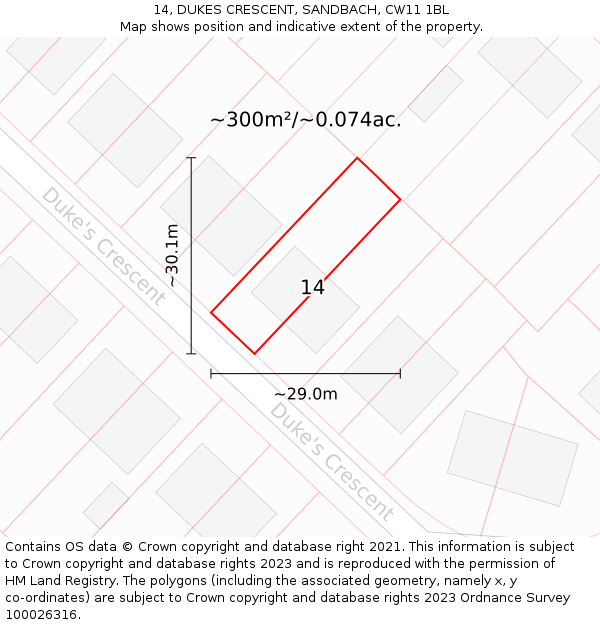 14, DUKES CRESCENT, SANDBACH, CW11 1BL: Plot and title map