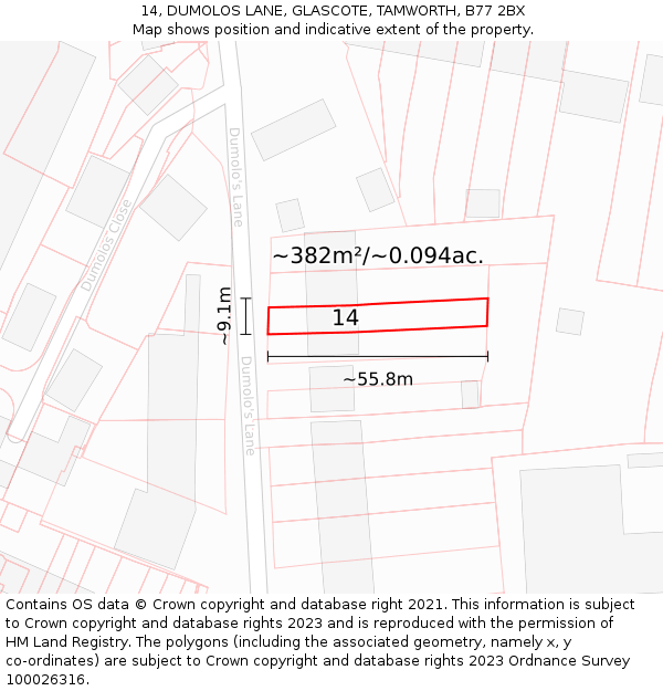 14, DUMOLOS LANE, GLASCOTE, TAMWORTH, B77 2BX: Plot and title map