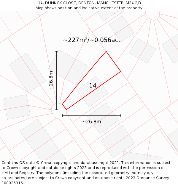 14, DUNKIRK CLOSE, DENTON, MANCHESTER, M34 2JB: Plot and title map