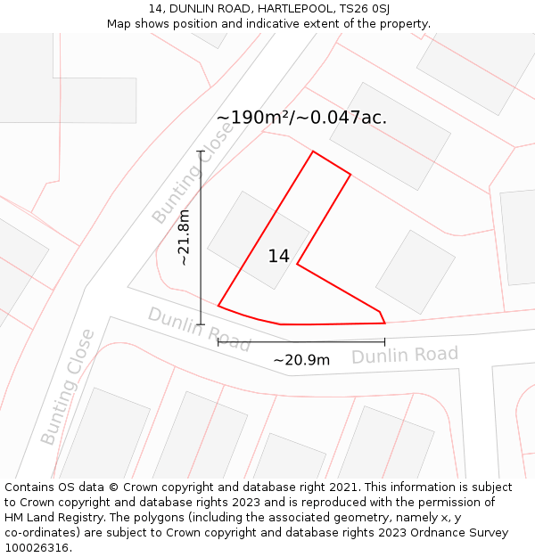 14, DUNLIN ROAD, HARTLEPOOL, TS26 0SJ: Plot and title map