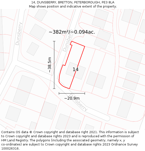 14, DUNSBERRY, BRETTON, PETERBOROUGH, PE3 8LA: Plot and title map