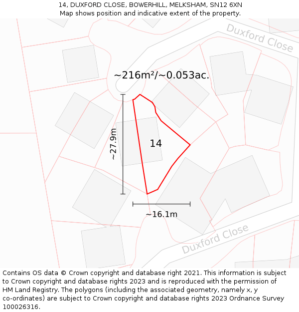 14, DUXFORD CLOSE, BOWERHILL, MELKSHAM, SN12 6XN: Plot and title map