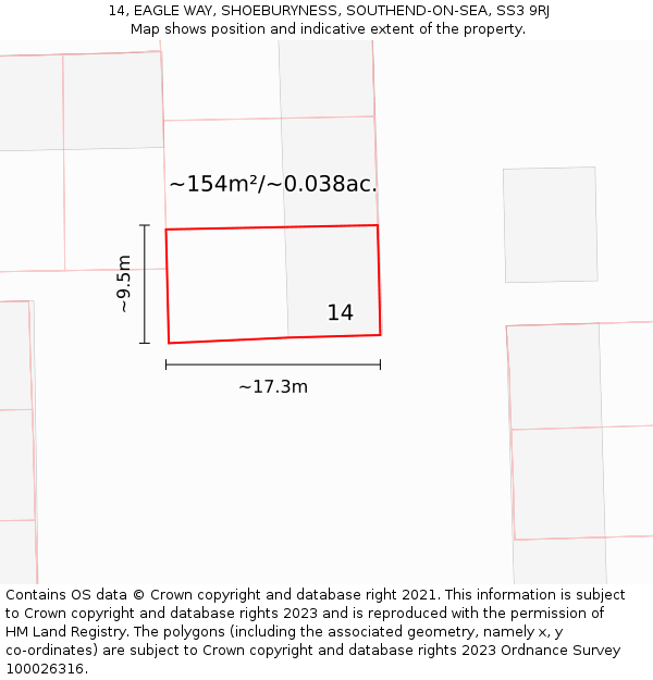 14, EAGLE WAY, SHOEBURYNESS, SOUTHEND-ON-SEA, SS3 9RJ: Plot and title map