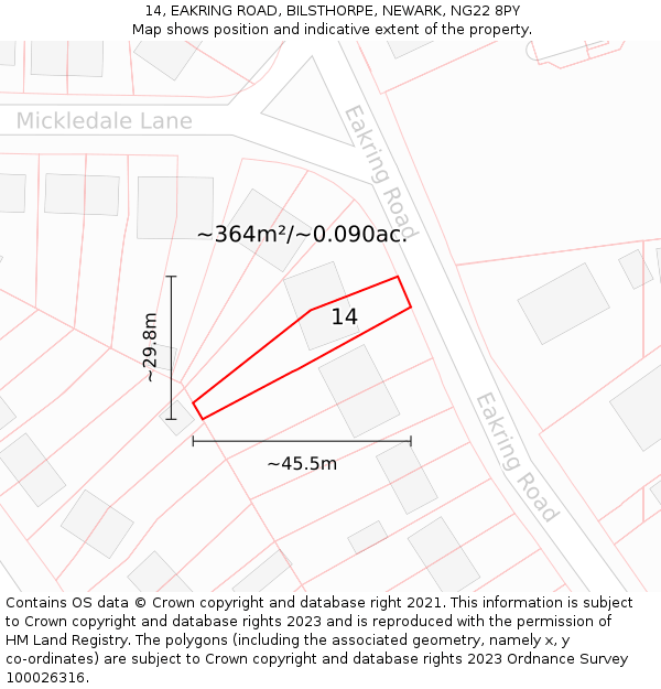 14, EAKRING ROAD, BILSTHORPE, NEWARK, NG22 8PY: Plot and title map