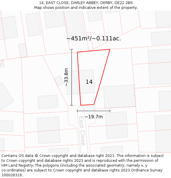 14, EAST CLOSE, DARLEY ABBEY, DERBY, DE22 2BS: Plot and title map