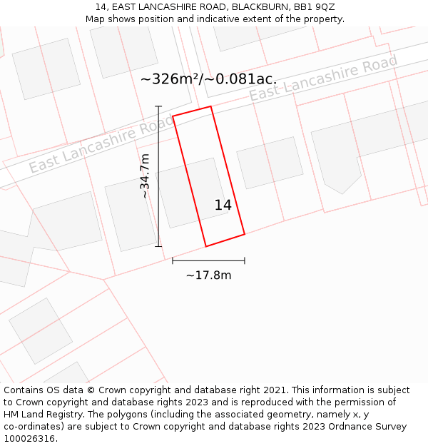 14, EAST LANCASHIRE ROAD, BLACKBURN, BB1 9QZ: Plot and title map