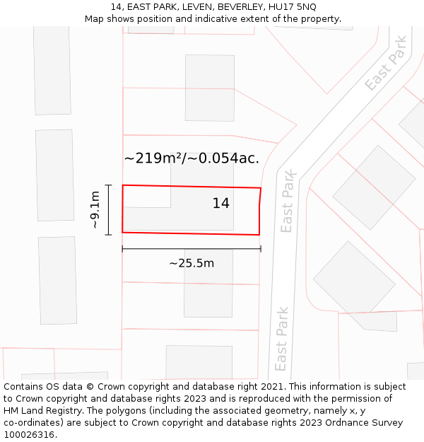 14, EAST PARK, LEVEN, BEVERLEY, HU17 5NQ: Plot and title map