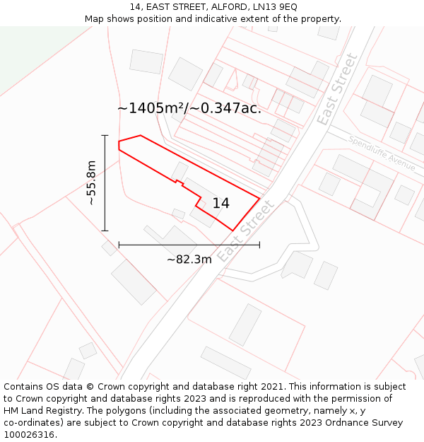 14, EAST STREET, ALFORD, LN13 9EQ: Plot and title map