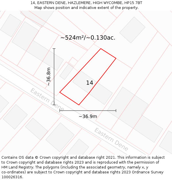 14, EASTERN DENE, HAZLEMERE, HIGH WYCOMBE, HP15 7BT: Plot and title map