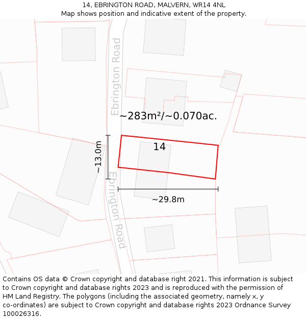 14, EBRINGTON ROAD, MALVERN, WR14 4NL: Plot and title map