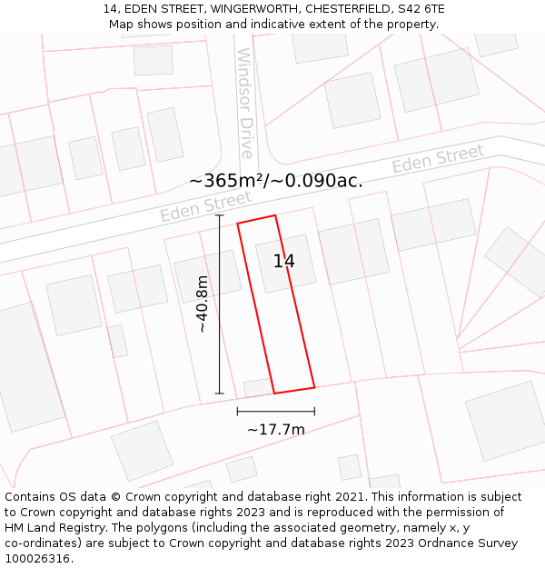 14, EDEN STREET, WINGERWORTH, CHESTERFIELD, S42 6TE: Plot and title map
