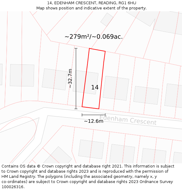 14, EDENHAM CRESCENT, READING, RG1 6HU: Plot and title map