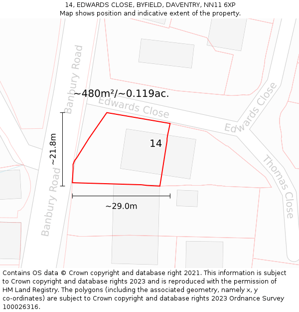 14, EDWARDS CLOSE, BYFIELD, DAVENTRY, NN11 6XP: Plot and title map