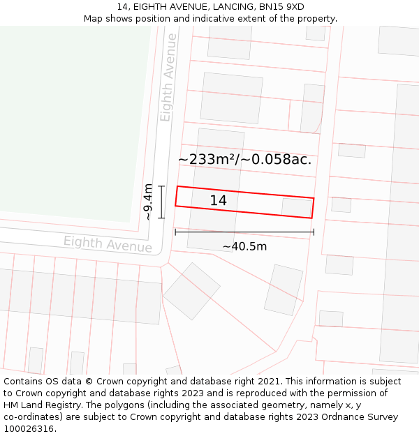 14, EIGHTH AVENUE, LANCING, BN15 9XD: Plot and title map