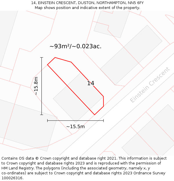 14, EINSTEIN CRESCENT, DUSTON, NORTHAMPTON, NN5 6FY: Plot and title map