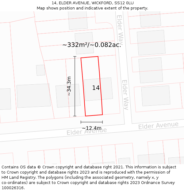 14, ELDER AVENUE, WICKFORD, SS12 0LU: Plot and title map