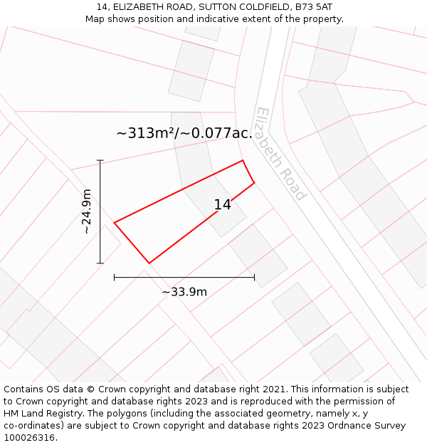 14, ELIZABETH ROAD, SUTTON COLDFIELD, B73 5AT: Plot and title map