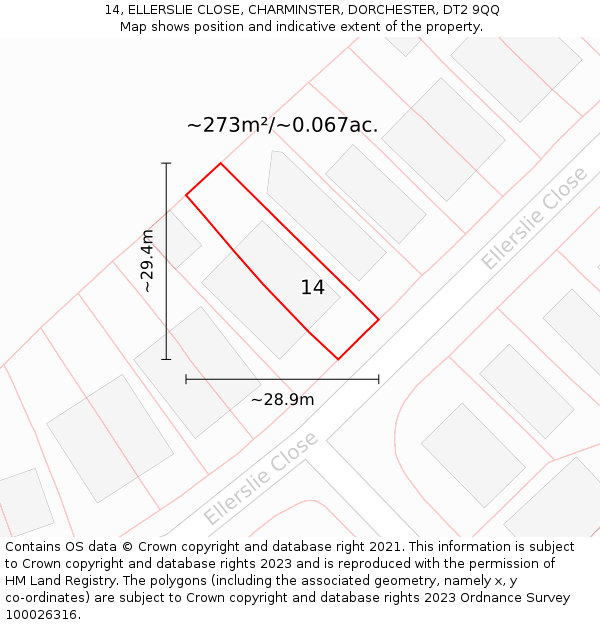 14, ELLERSLIE CLOSE, CHARMINSTER, DORCHESTER, DT2 9QQ: Plot and title map