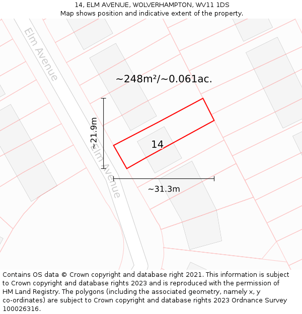 14, ELM AVENUE, WOLVERHAMPTON, WV11 1DS: Plot and title map