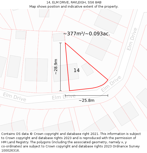14, ELM DRIVE, RAYLEIGH, SS6 8AB: Plot and title map