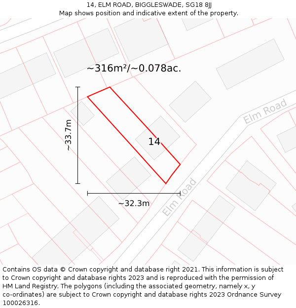 14, ELM ROAD, BIGGLESWADE, SG18 8JJ: Plot and title map