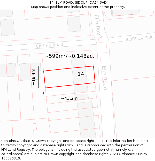 14, ELM ROAD, SIDCUP, DA14 6AD: Plot and title map