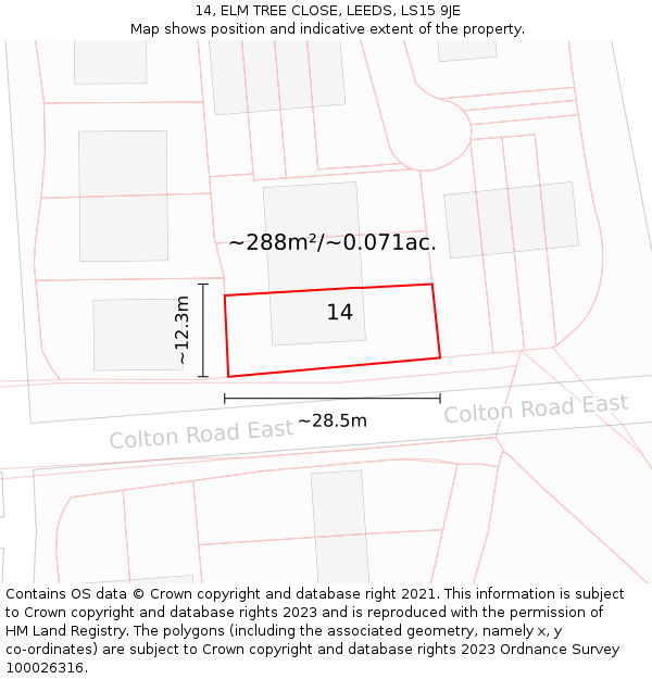 14, ELM TREE CLOSE, LEEDS, LS15 9JE: Plot and title map