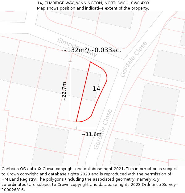 14, ELMRIDGE WAY, WINNINGTON, NORTHWICH, CW8 4XQ: Plot and title map