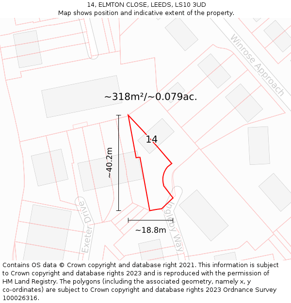 14, ELMTON CLOSE, LEEDS, LS10 3UD: Plot and title map