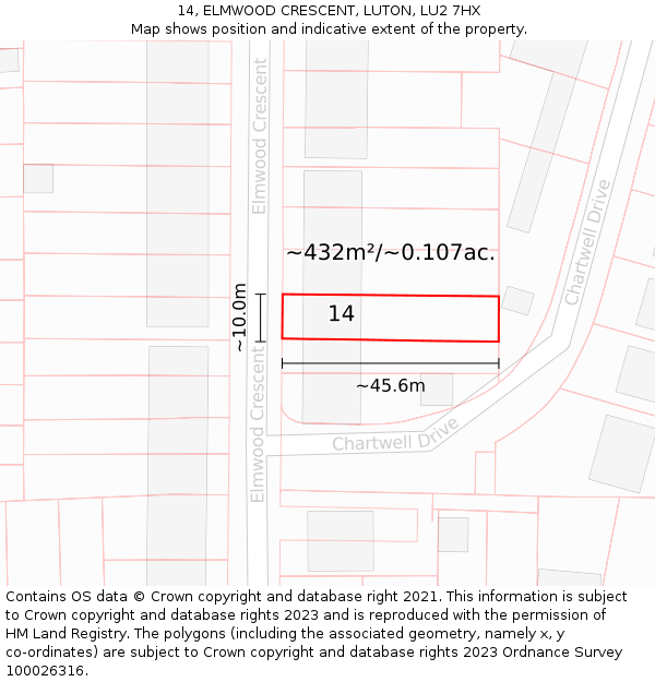 14, ELMWOOD CRESCENT, LUTON, LU2 7HX: Plot and title map