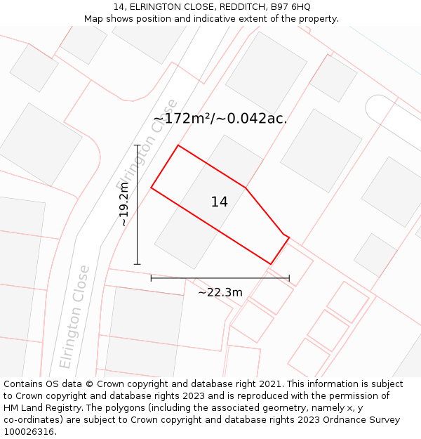 14, ELRINGTON CLOSE, REDDITCH, B97 6HQ: Plot and title map