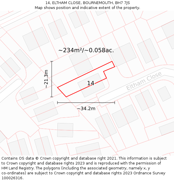 14, ELTHAM CLOSE, BOURNEMOUTH, BH7 7JS: Plot and title map
