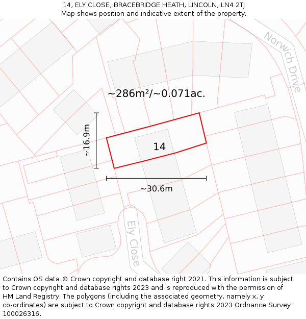 14, ELY CLOSE, BRACEBRIDGE HEATH, LINCOLN, LN4 2TJ: Plot and title map