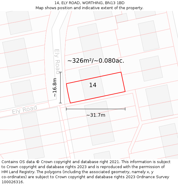 14, ELY ROAD, WORTHING, BN13 1BD: Plot and title map