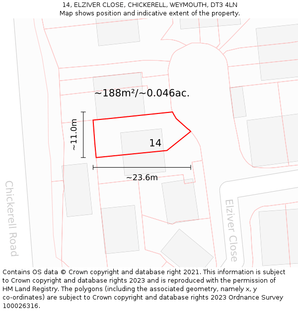14, ELZIVER CLOSE, CHICKERELL, WEYMOUTH, DT3 4LN: Plot and title map