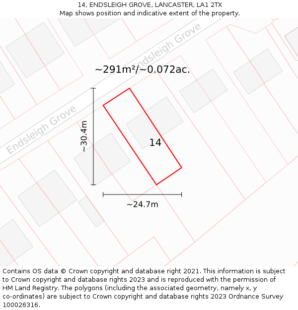 14, ENDSLEIGH GROVE, LANCASTER, LA1 2TX: Plot and title map
