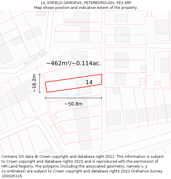 14, ENFIELD GARDENS, PETERBOROUGH, PE3 9RP: Plot and title map