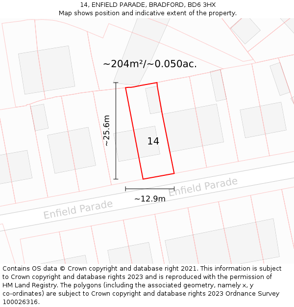 14, ENFIELD PARADE, BRADFORD, BD6 3HX: Plot and title map