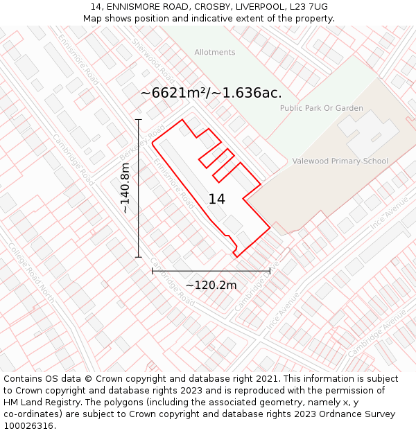 14, ENNISMORE ROAD, CROSBY, LIVERPOOL, L23 7UG: Plot and title map