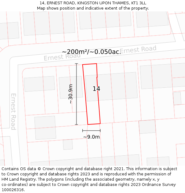 14, ERNEST ROAD, KINGSTON UPON THAMES, KT1 3LL: Plot and title map