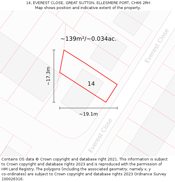 14, EVEREST CLOSE, GREAT SUTTON, ELLESMERE PORT, CH66 2RH: Plot and title map
