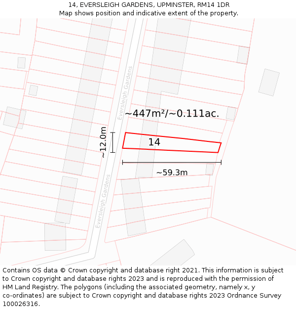 14, EVERSLEIGH GARDENS, UPMINSTER, RM14 1DR: Plot and title map