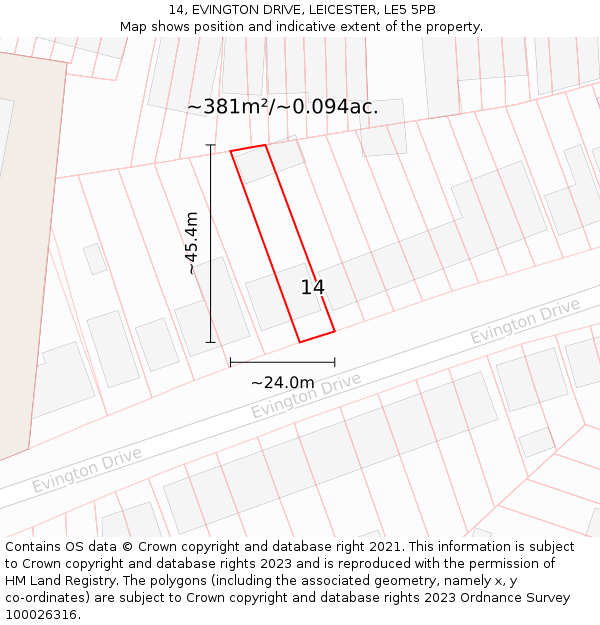 14, EVINGTON DRIVE, LEICESTER, LE5 5PB: Plot and title map