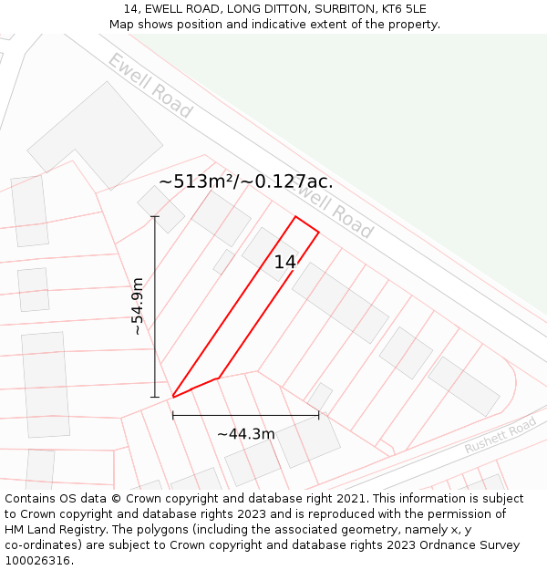 14, EWELL ROAD, LONG DITTON, SURBITON, KT6 5LE: Plot and title map